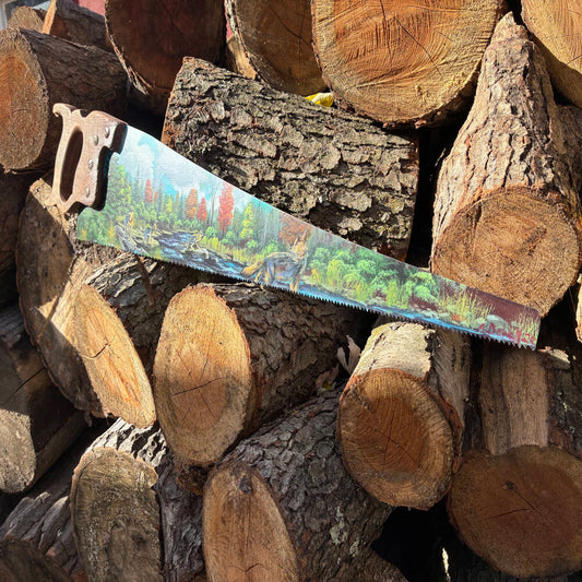 Wolf Crossing Hand Painted Saw – Original Wildlife Art on Reclaimed Tool
