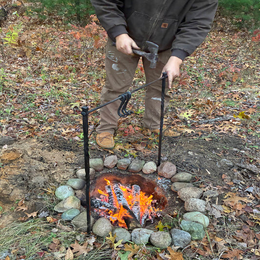 Hand Forged Steel Cooking Irons Rack – Campfire Cooking Stand & Outdoor Blacksmith Gear
