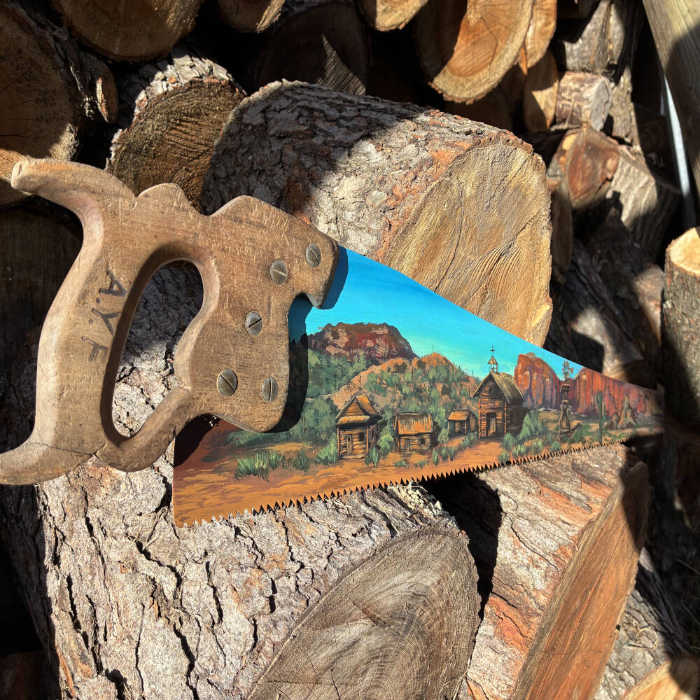 Canyon Outpost Hand Painted Saw – Original Western Art on Reclaimed Tool