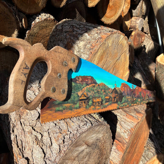 Canyon Outpost Hand Painted Saw – Original Western Art on Reclaimed Tool