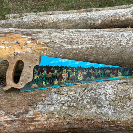 and-Painted Michigan Lakeshore Sawblade – East Channel Lighthouse