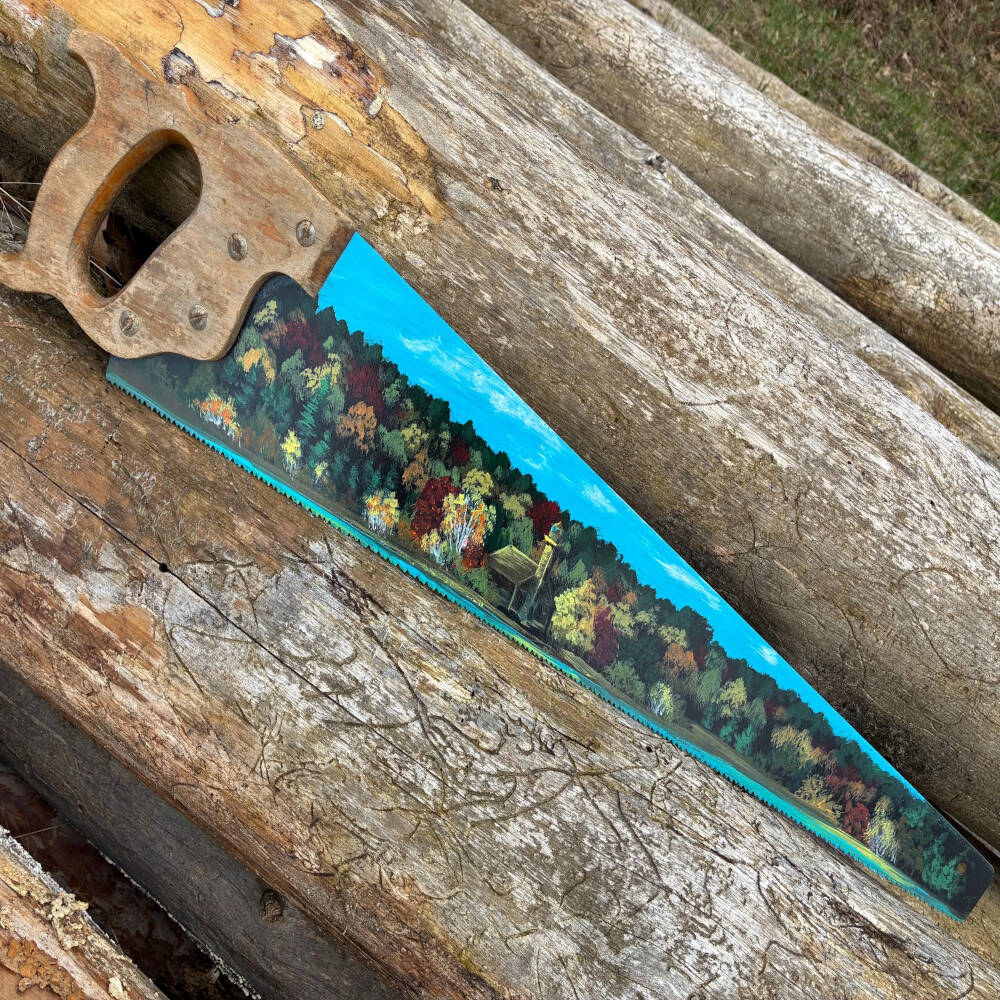 and-Painted Michigan Lakeshore Sawblade – East Channel Lighthouse