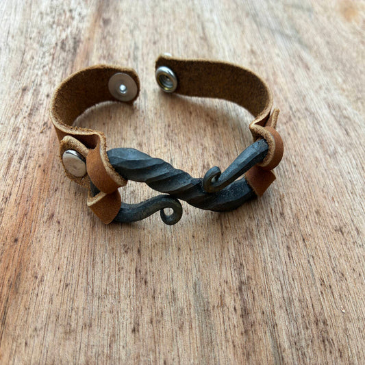 Hand Forged Iron S Curve Bracelet | Leather Cuff Jewelry | Rustic Blacksmith Bracelet