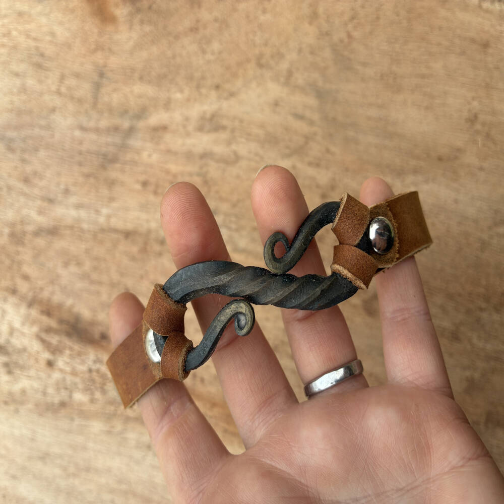 Hand Forged Iron S Curve Bracelet | Leather Cuff Jewelry | Rustic Blacksmith Bracelet