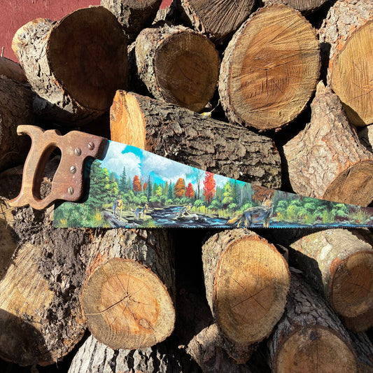 Wolf Crossing Hand Painted Saw – Original Wildlife Art on Reclaimed Tool