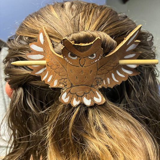 Handmade Leather Hair Barrette with Wood Stick | Artisan Hair Accessory