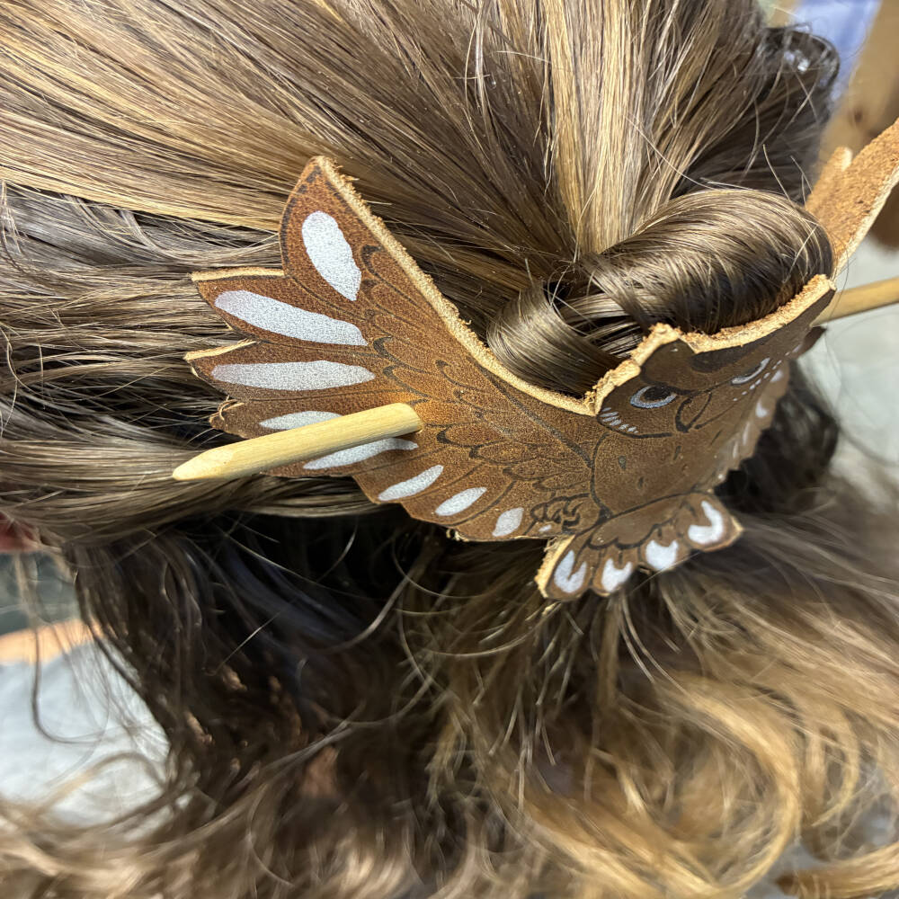 Handmade Leather Hair Barrette with Wood Stick | Artisan Hair Accessory