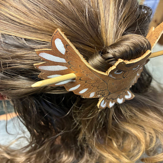 Handmade Leather Hair Barrette with Wood Stick | Artisan Hair Accessory