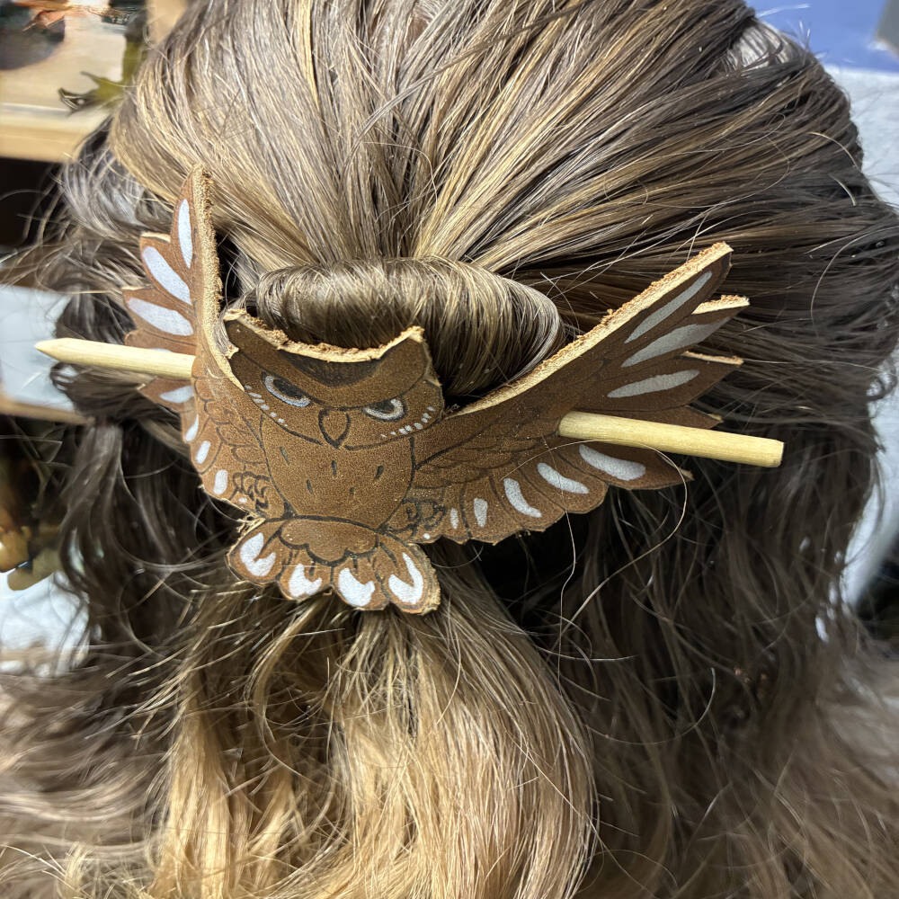 Handmade Leather Hair Barrette with Wood Stick | Artisan Hair Accessory