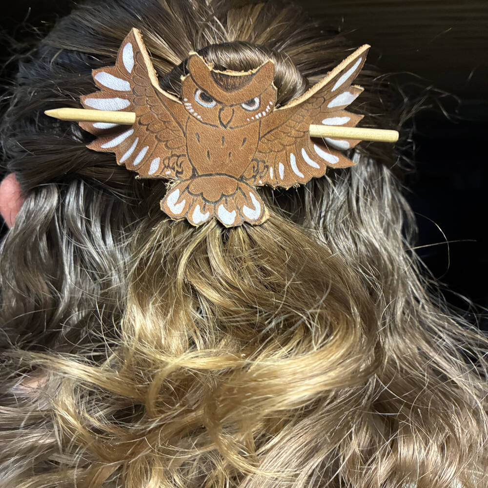 Handmade Leather Hair Barrette with Wood Stick | Artisan Hair Accessory