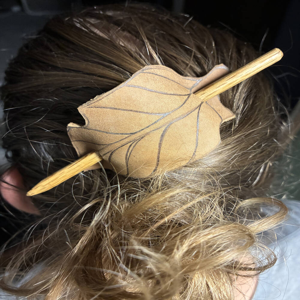 Handmade Leather Hair Barrette with Wood Stick | Artisan Hair Accessory