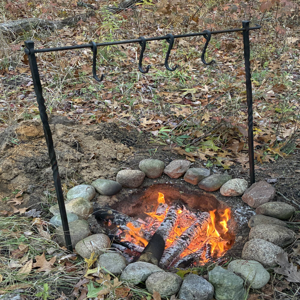 Hand Forged Steel Cooking Irons Rack – Campfire Cooking Stand & Outdoor Blacksmith Gear