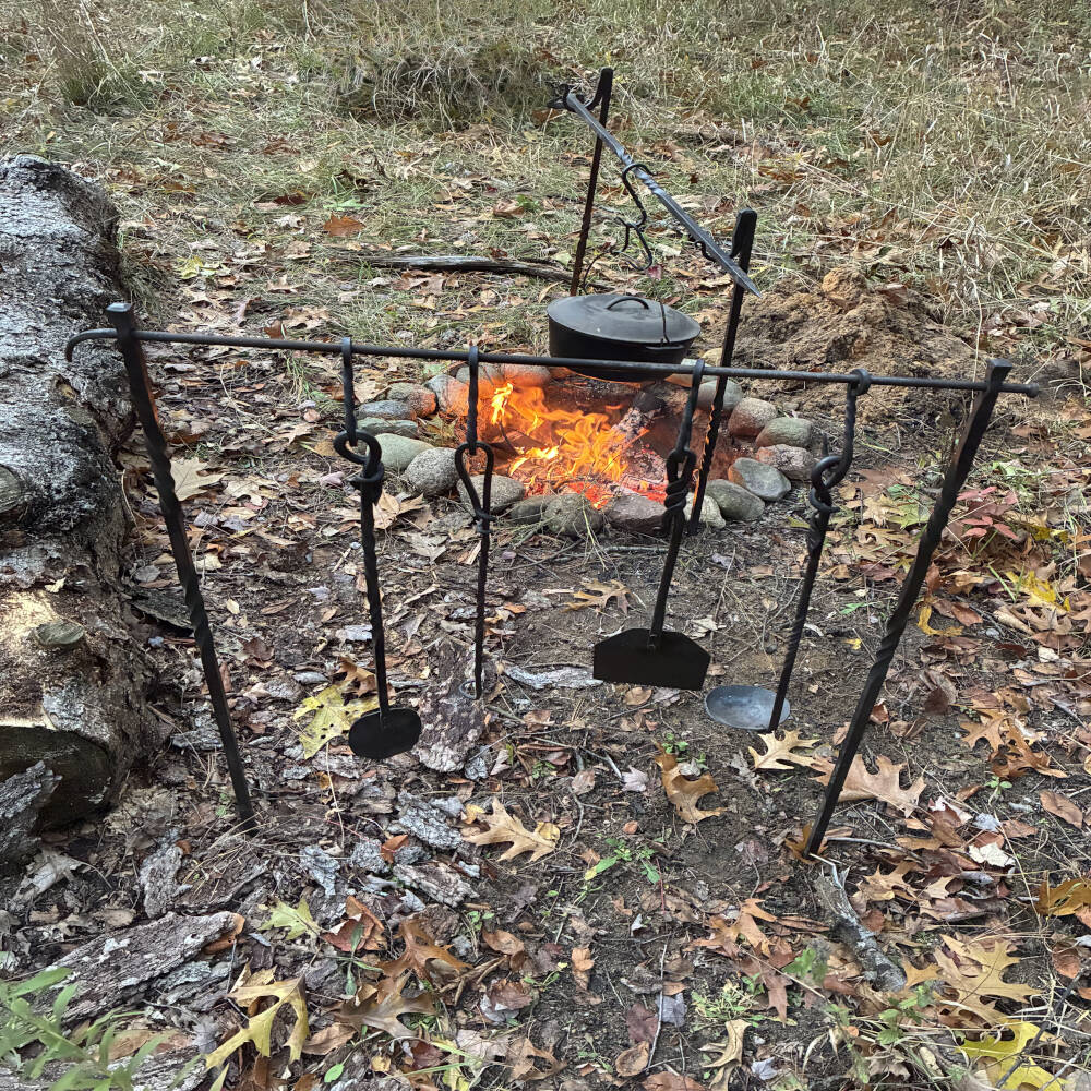 Hand Forged Steel Cooking Irons Rack – Campfire Cooking Stand & Outdoor Blacksmith Gear