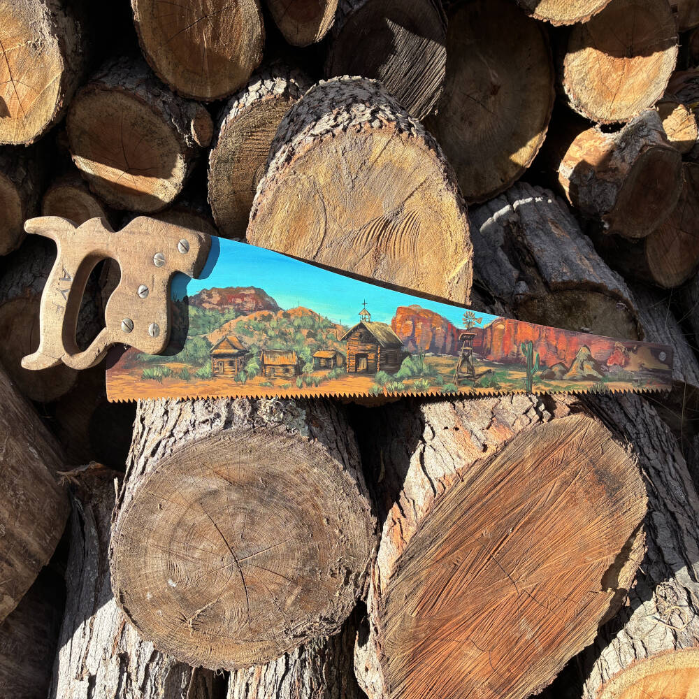 Canyon Outpost Hand Painted Saw – Original Western Art on Reclaimed Tool