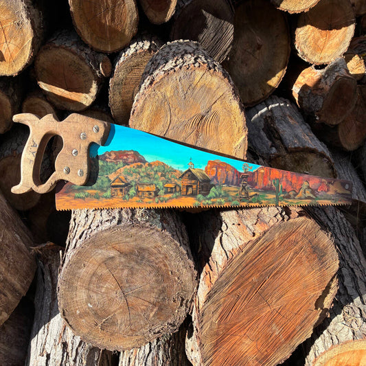 Canyon Outpost Hand Painted Saw – Original Western Art on Reclaimed Tool