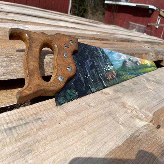 Hand-Painted Elk Sawblade – Wilderness Wall Art on Vintage Handsaw