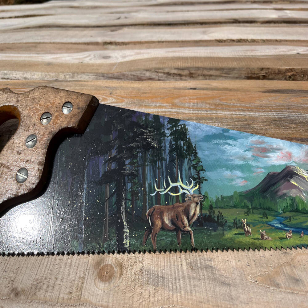 Hand-Painted Elk Sawblade – Wilderness Wall Art on Vintage Handsaw