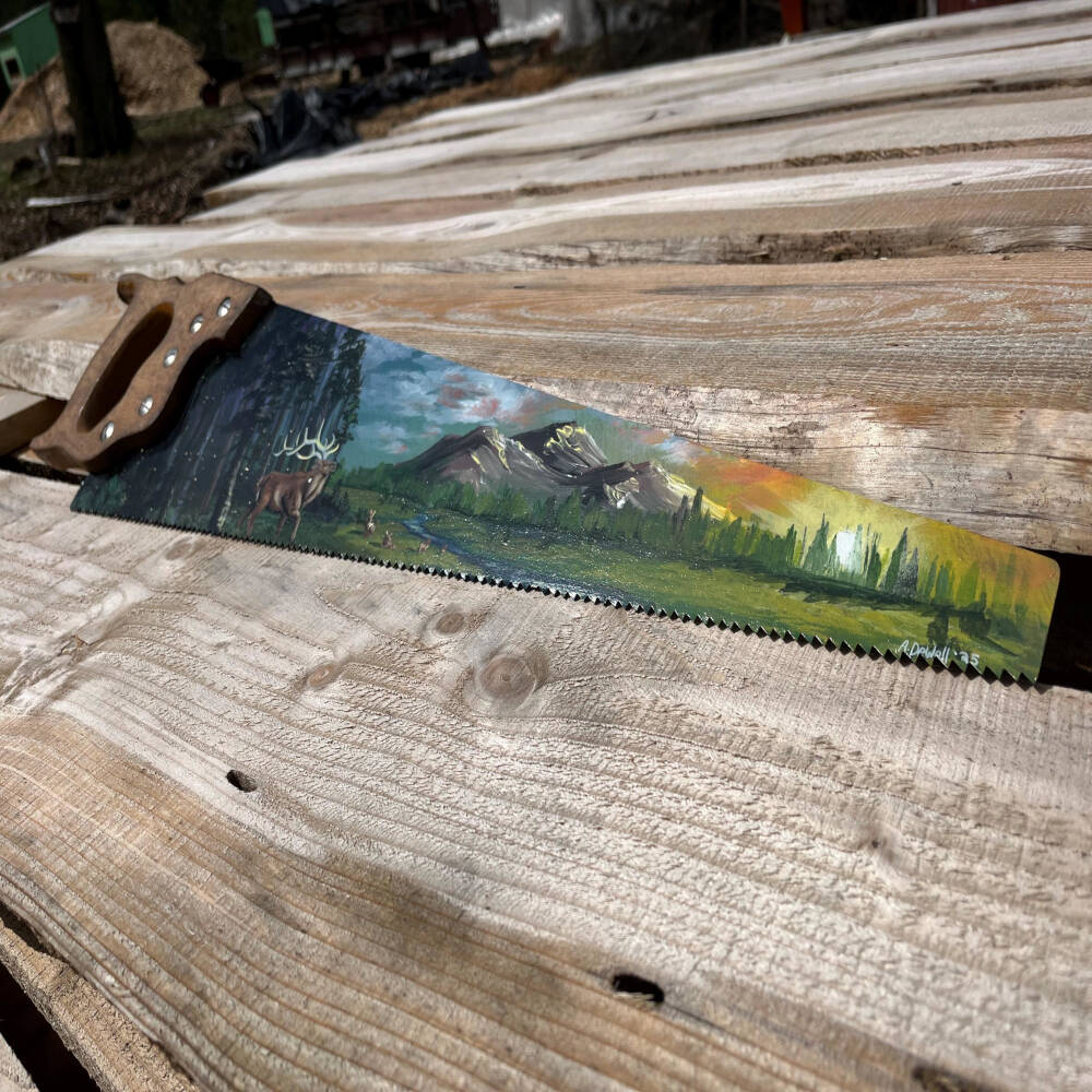 Hand-Painted Elk Sawblade – Wilderness Wall Art on Vintage Handsaw