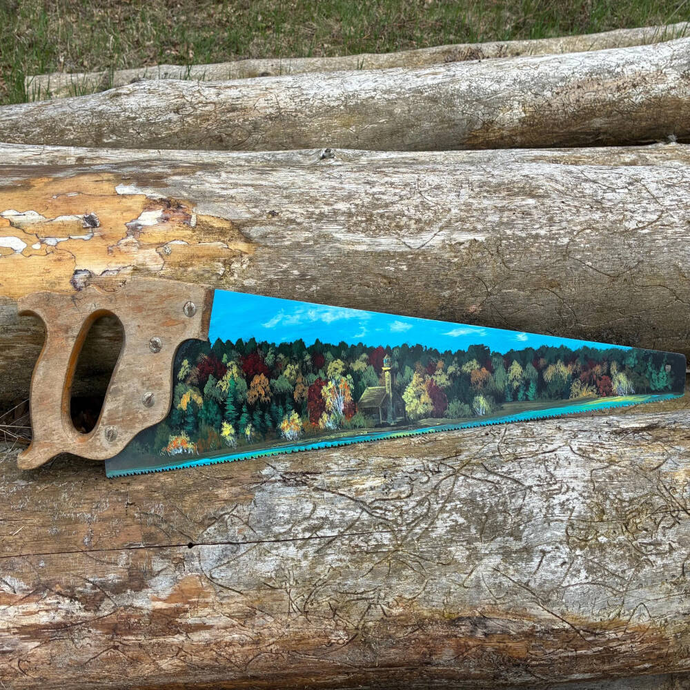 and-Painted Michigan Lakeshore Sawblade – East Channel Lighthouse