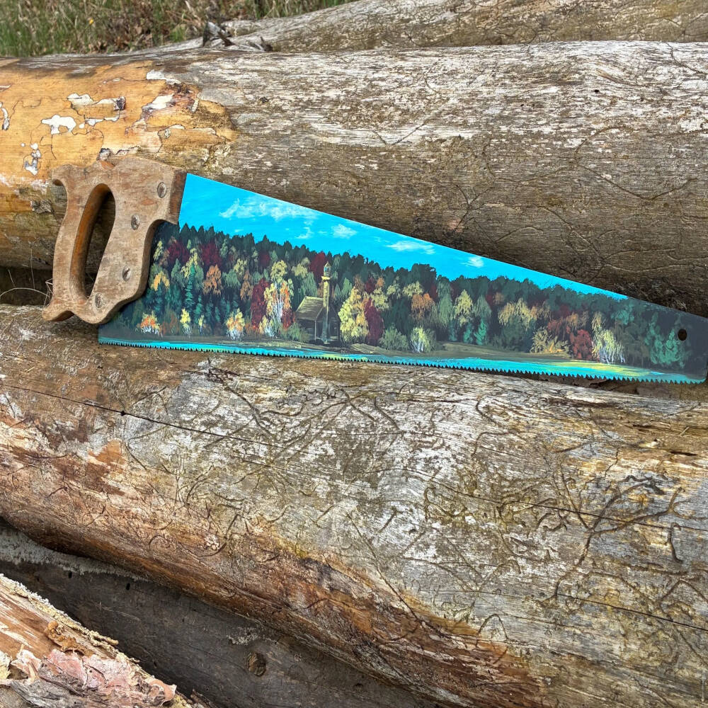 and-Painted Michigan Lakeshore Sawblade – East Channel Lighthouse