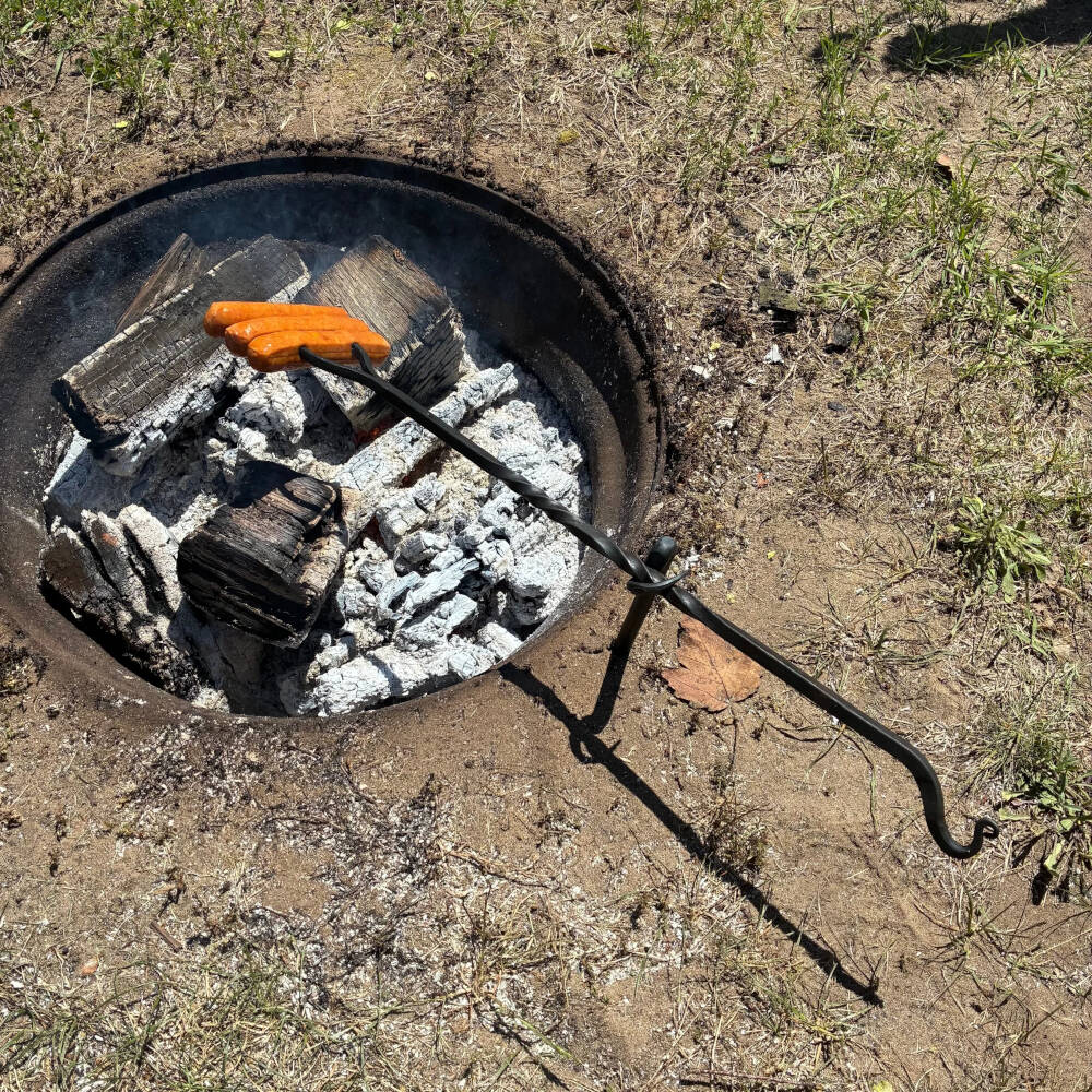 Squirrel Roaster & Campfire Cooking Fork – Hand-Forged Steel with Ground Stand