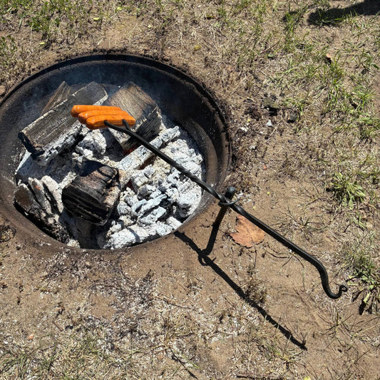 Squirrel Roaster & Campfire Cooking Fork – Hand-Forged Steel with Ground Stand
