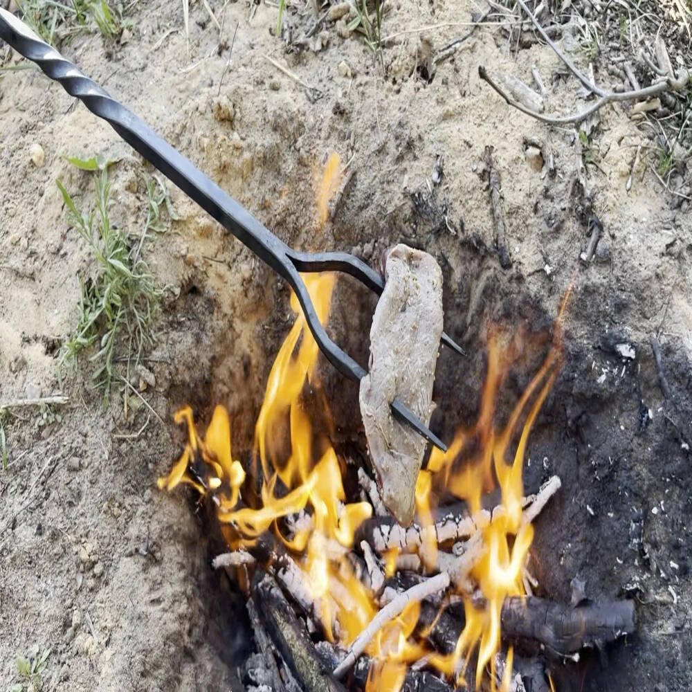 Squirrel Roaster & Campfire Cooking Fork – Hand-Forged Steel with Ground Stand