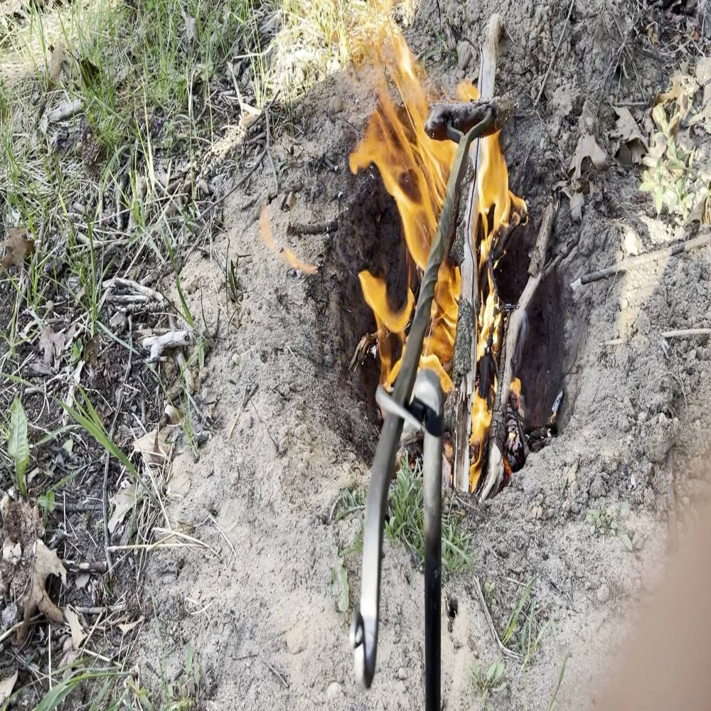 Squirrel Roaster & Campfire Cooking Fork – Hand-Forged Steel with Ground Stand