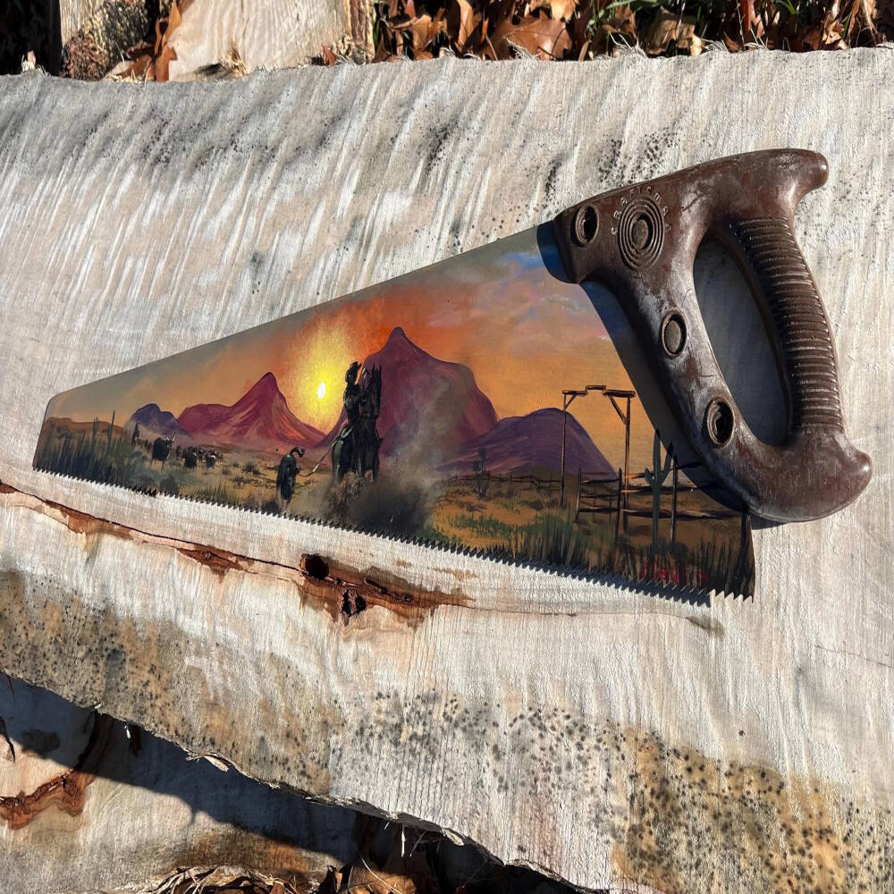 Cattle Round Up – Hand Painted Rustic Saw Wall Art
