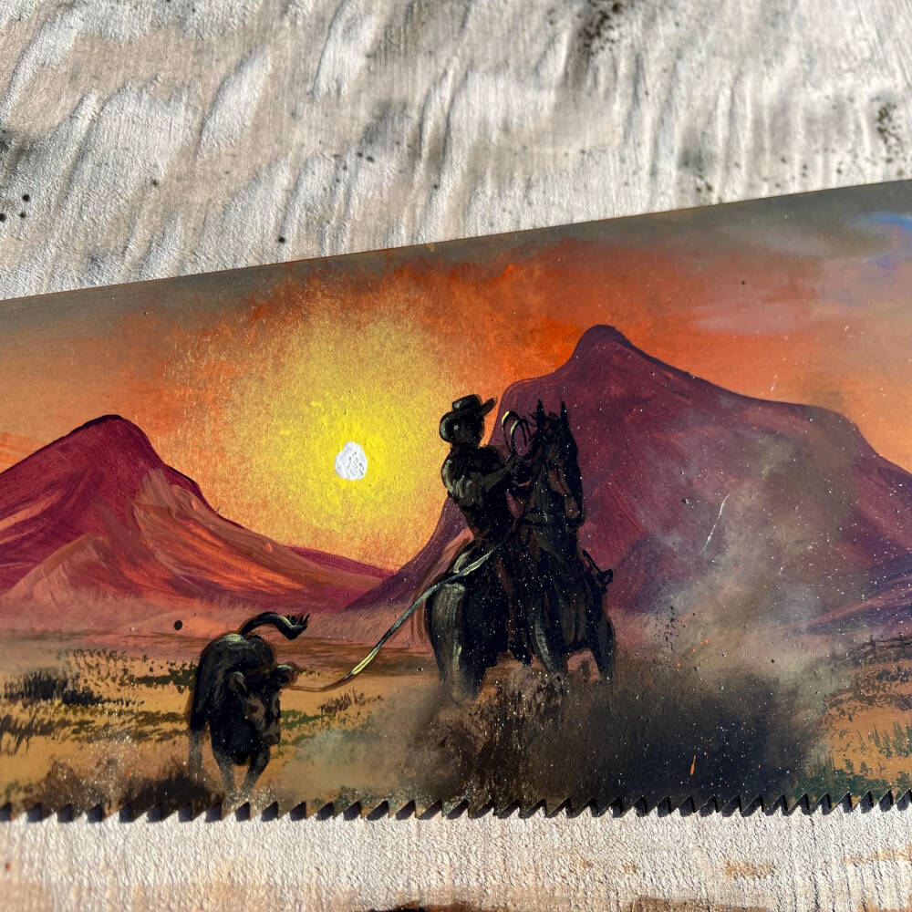 Cattle Round Up – Hand Painted Rustic Saw Wall Art