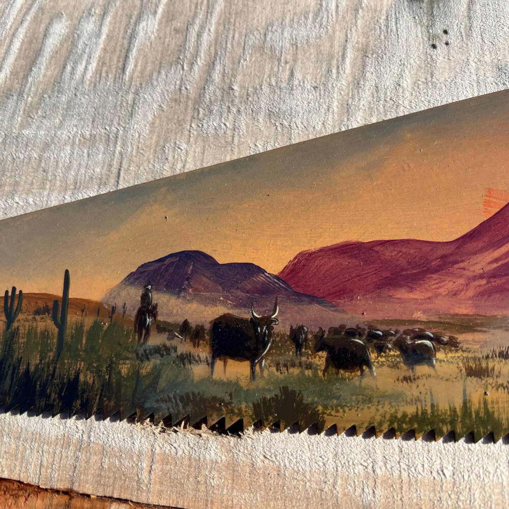 Cattle Round Up – Hand Painted Rustic Saw Wall Art