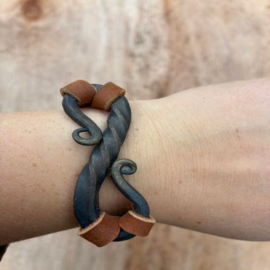 Hand Forged Iron S Curve Bracelet | Leather Cuff Jewelry | Rustic Blacksmith Bracelet